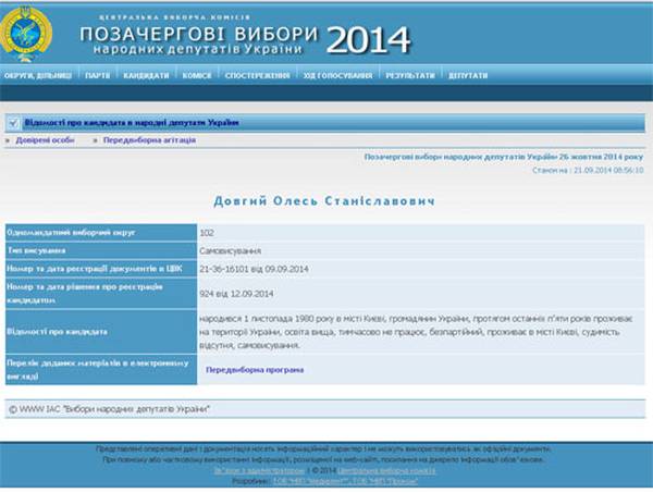 Скриншот с сайта ЦИК подтверждает регистрацию О. Довгого в качестве кандидата в народные депутаты