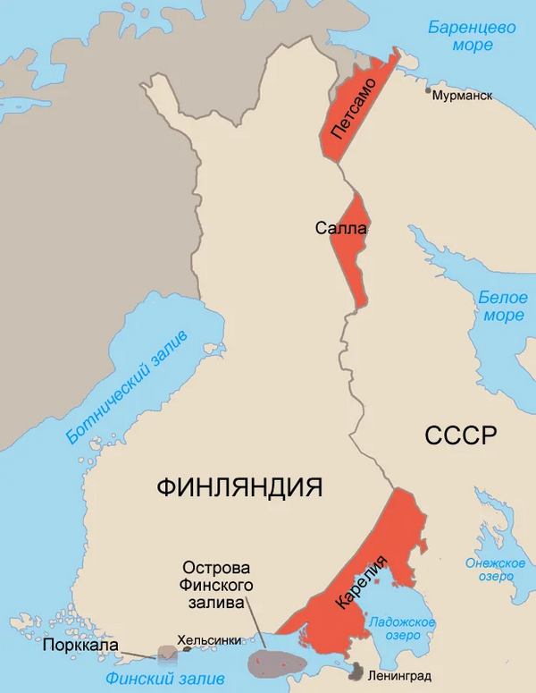 Червоним кольором відзначені території, які СРСР набув після Радянсько-фінської війни 1939—1940 років. та Радянсько-фінської війни 1941—1944 рр. Фото: Wikimedia Commons , CC BY-SA 3.0