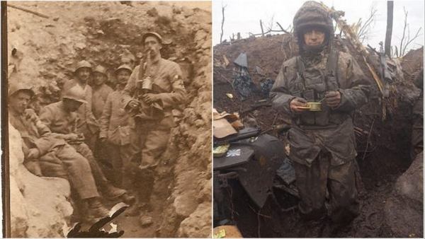 Французькі бійці під Верденом у 1916 році та український боєць під Бахмутом у 2023 році