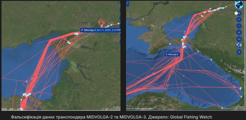 Фальсифікація даних транспондера MIDVOLGA-2 та MIDVOLGA-3. Джерело: Global Fishing Watch