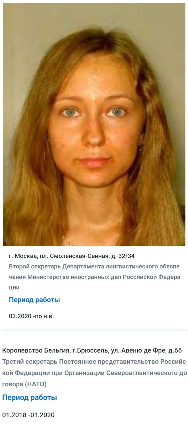 Її звати Наталія Кошкіна, вона народилася в 1991 році. Наразі вона працює другим секретарем лінгвістичного відділу МЗС Росії... але кілька років тому вона працювала третім секретарем місії Росії при НАТО в Брюсселі... майже напевно, це не робота перекладачки.
